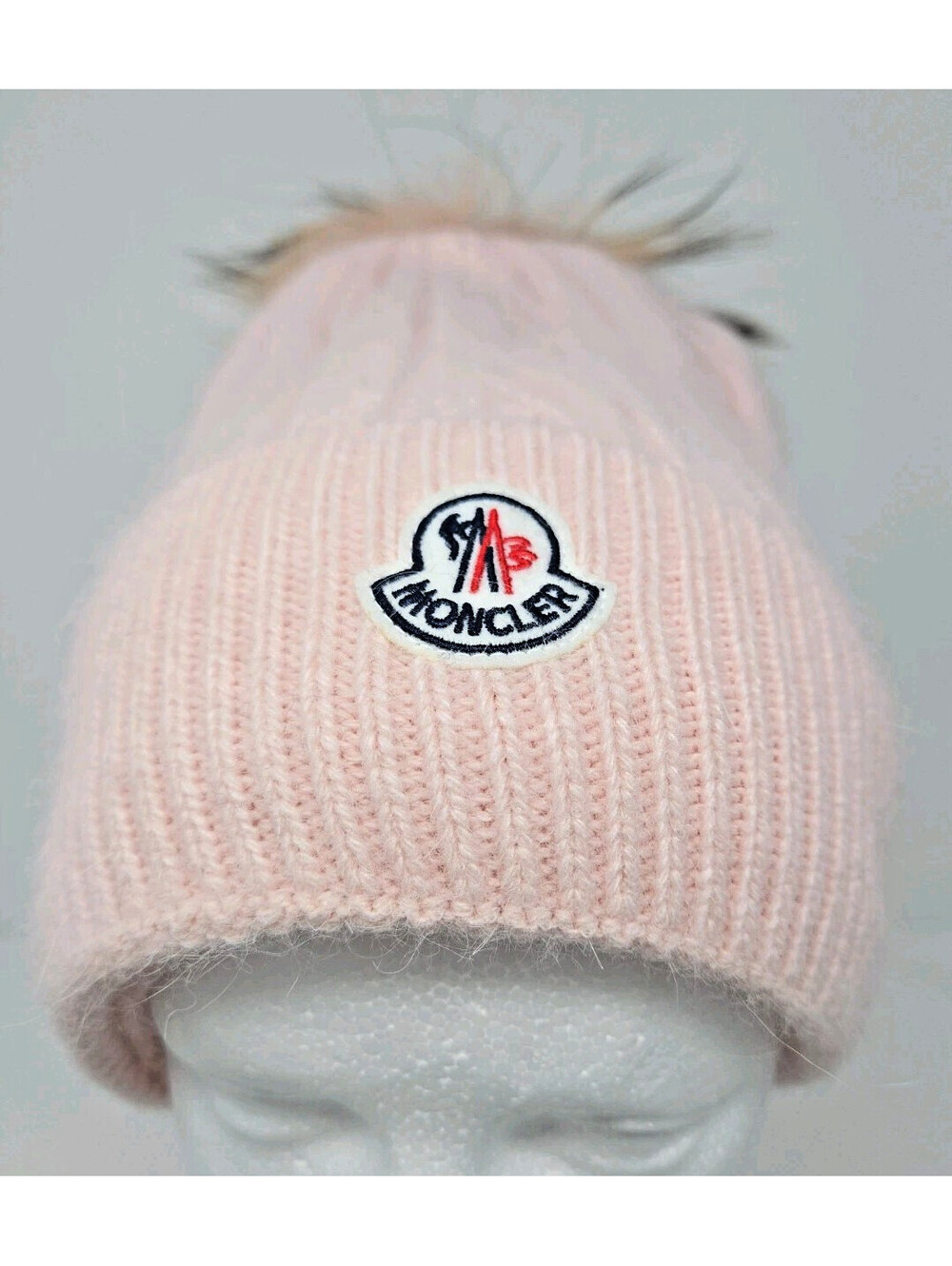 MONCLER Knit Cashmere Angora Beanie Pom Pom Logo Hat Pink 9"x 9"